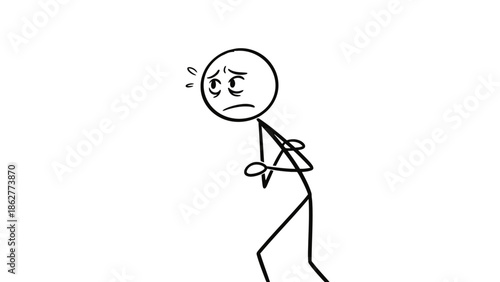Stick figure character looking sad and stressed, holding head with both hands, isolated white background.