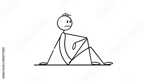 Sad Stick Figure Character Sitting on the Ground, Expressing Dejection or Disappointment, Isolated White Background.