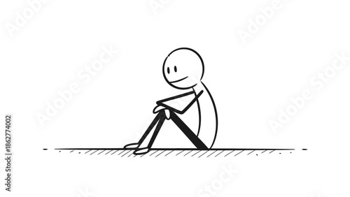 Stick Figure Person Sitting on the Ground Appearing Sad and Lonely on Isolated White Background, Introverted and Pensive