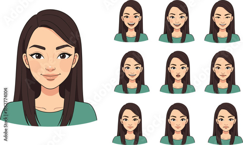 Female character facial expressions illustration set showing emotions moods smiling surprised angry anime style portraits isolated on white background vector