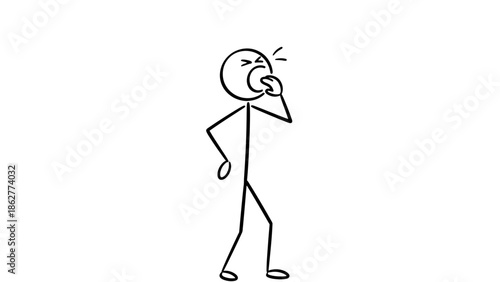 Stick Figure Person Standing and Yawning Widely on Isolated White Background, Tired and Sleepy