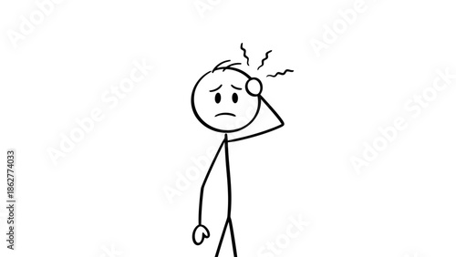 Stick figure holding head with hands, indicating confusion or stress from a headache, on an isolated white background.