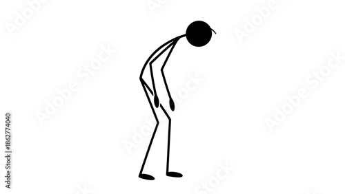 Stick figure bending forward with head down, conveying sadness or exhaustion, on an isolated white background.