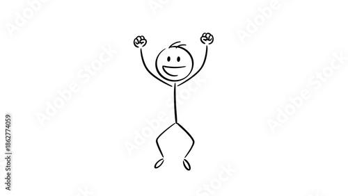 Happy Stick Figure Character Jumping with Raised Arms, Cheerful Expression, Celebrating Success on Isolated White Background.