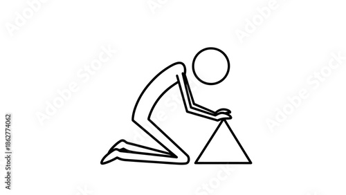 Stick Figure Character Kneeling with Hands on Triangle Object, Concentrating or Meditating, Isolated White Background.