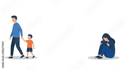 Father and son walking away from sad mother, depicting family separation or divorce.