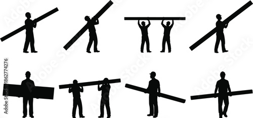 Construction workers carrying wooden beams silhouette set, manual labor teamwork building industry concept, industrial work illustration, isolated white background