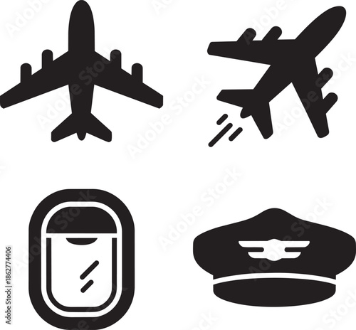 Airplane icons set, travel and aviation symbols, pilot cap and window view