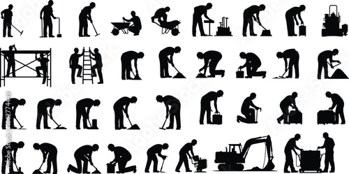Construction, worker, silhouettes, labor, tools, industry, building, maintenance, engineering, teamwork, job, safety, equipment, profession, repair, manual, work, illustration, set, concept
