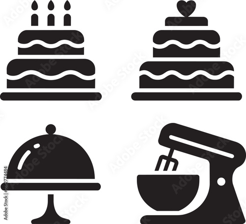 Baking and dessert icons set featuring cakes electric stand mixer and serving tray with cover
