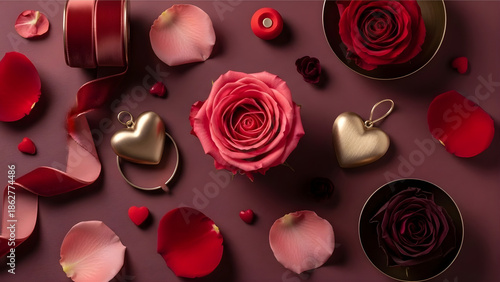 Flat lay of pink roses, golden hearts, and petals on a dark background.