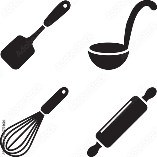 Collection of various kitchen utensils including spatula ladle whisk and rolling pin essential baking tools