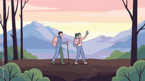 Two people hiking in a scenic mountain landscape, enjoying nature and taking photos