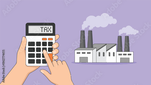 Hand calculating industrial taxes with a calculator near a factory building