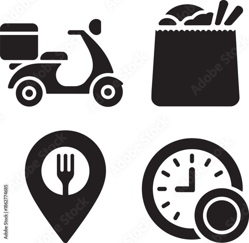 Food delivery service icons featuring scooter bag restaurant location pin and time tracking symbols for logistics
