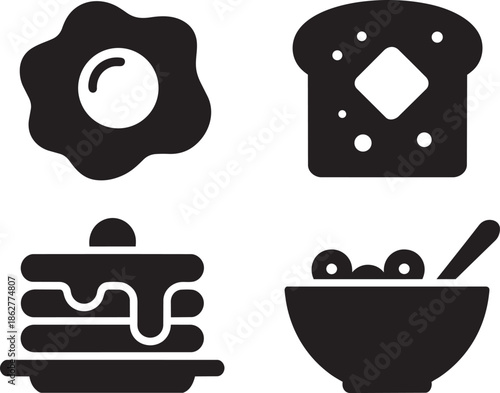 Healthy breakfast with fried egg, toast, pancakes, and cereal bowl