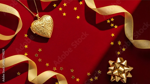 A luxurious red backdrop featuring golden ribbons and a heart locket.