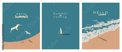 Summer is coming, hello summer, set of postcards, posters