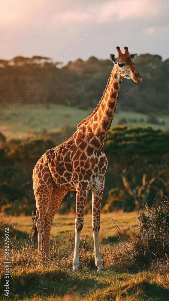 Obraz premium A giraffe standing tall in a sunlit savannah during golden hour. Concept Giraffe, Savannah, Golden Hour, Sunlit Scene, Wildlife Photography