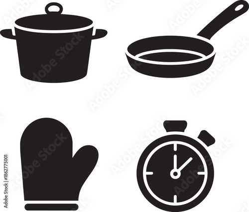 Set of cooking icons including pot pan oven glove and stopwatch illustrating kitchen tools and food preparation time