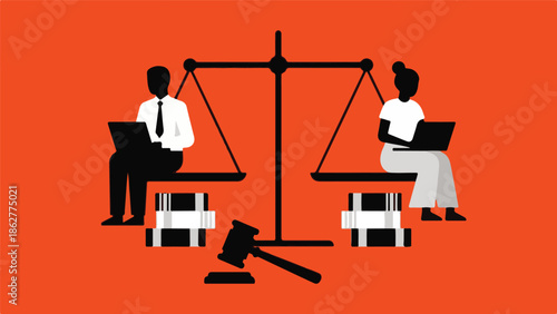 Justice scale with male and female legal professionals working on laptops