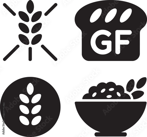 Set of four black icons representing gluten free food ingredients and products concept