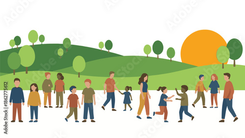 Diverse group of people enjoying a sunny day in a green park, flat illustration