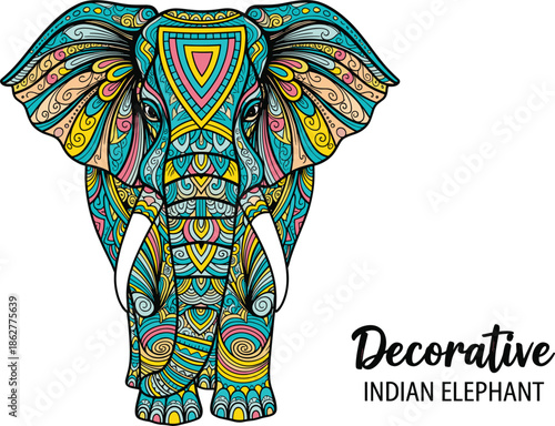 Sticker Intricate flat vector illustration of a decorative Indian elephant with colorful mandala patterns and tribal ornaments isolated on a white background