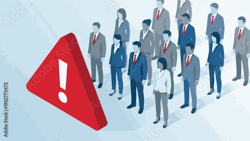 Business team standing near a red warning sign, risk management concept