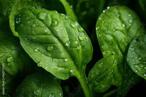 Fresh spinach leaves with water droplets and dew
