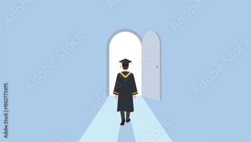 Graduate Walking Towards Open Door: A Symbol of Future Opportunity