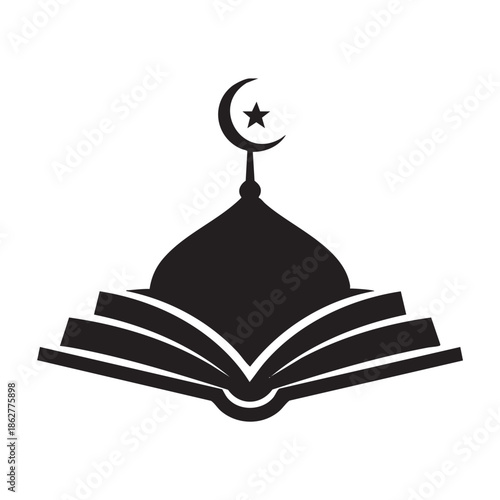 Black Islamic dome and crescent moon symbol atop open book silhouette vector