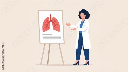 Female Doctor Presenting Human Lungs Diagram on Easel for Health Education