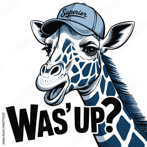 Humorous cartoon giraffe wearing a stylish baseball cap with an open mouth and a friendly greeting.