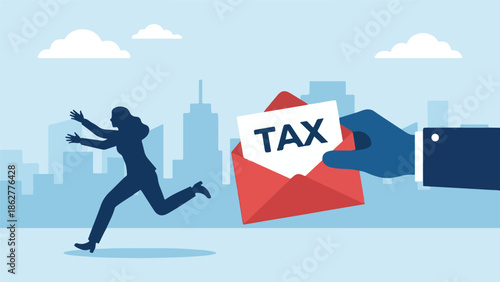 Businesswoman running away from tax letter, financial burden concept