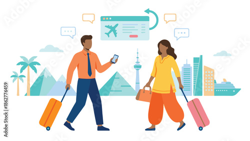 Global Travel and Online Booking Concept with People and Landmarks