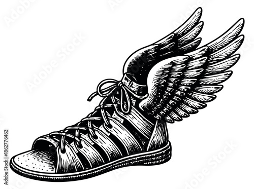 Hand drawn line art illustration of a winged shoe depicting speed and swiftness for sport and mythology themes