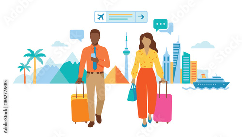 Travel and tourism concept with diverse characters and global destinations