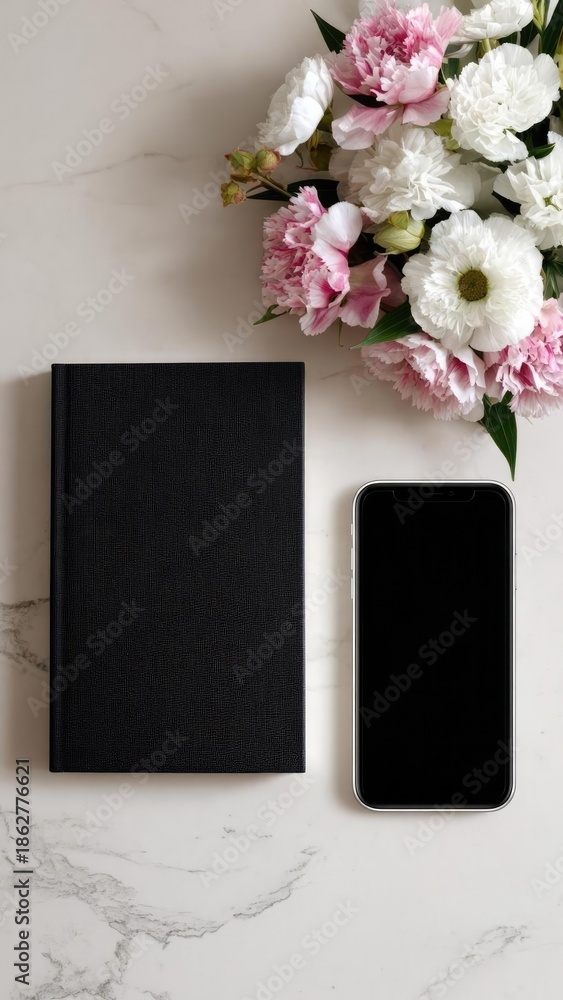 Obraz premium Black notebook and a smartphone lie beside a pink and white flower bouquet on a marble surface. Concept Notebook and smartphone, Pink and white bouquet, Marble surface, Desk still life