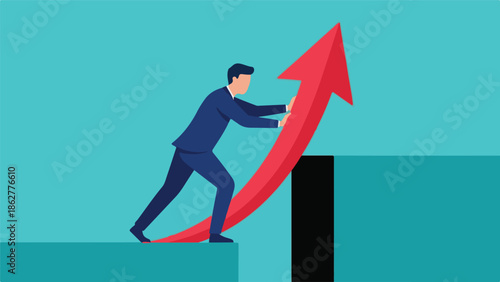 Businessman pushing a red arrow upwards to bridge a gap, symbolizing progress