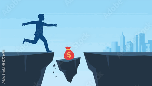 Businessman running across chasm towards money bag, risk for financial reward