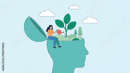 Woman watering a plant inside an open human head, symbolizing mental growth.