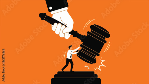 Man resists overwhelming judicial gavel, symbolizing legal struggle and power
