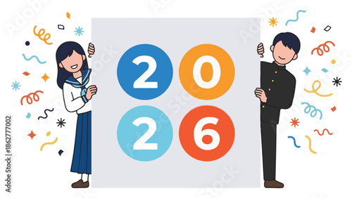 Japanese students in uniform holding 2026 sign, celebrating future event