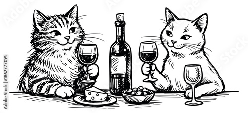 Hand drawn line art illustration of two cats depicting a wine and cheese party for humorous celebration