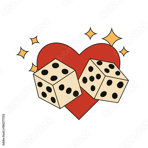 Vintage American traditional tattoo flash vector featuring a red heart, classic dice, and spark accents. Mid-century 40s–50s retro tattoo style. Perfect for Valentine’s Day, love, luck,retro projects