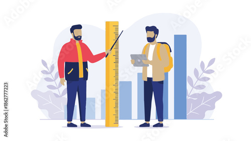 Men analyzing business data and progress with a ruler and tablet illustration