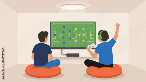 Two young men playing soccer video game, one celebrating goal on screen