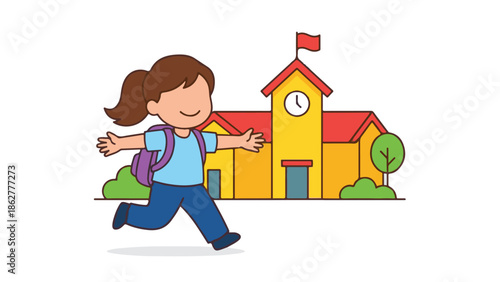 Happy schoolgirl running to primary school building with a backpack