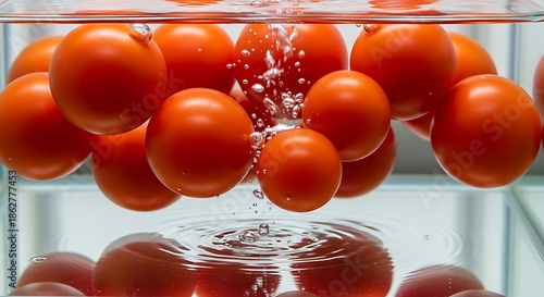 Fresh Tomatoes Falling into Water Container.